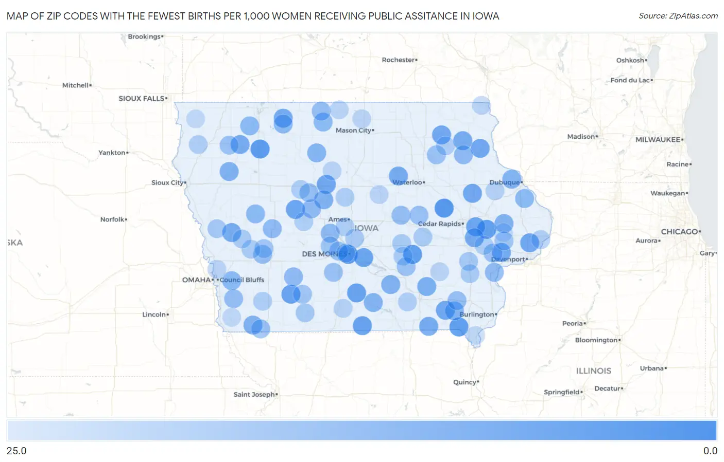 Zip Codes with the Fewest Births per 1,000 Women Receiving Public Assitance in Iowa Map