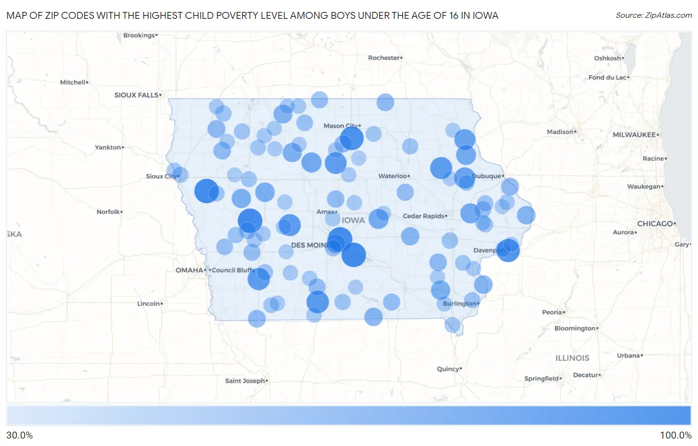 Zip Codes with the Highest Child Poverty Level Among Boys Under the Age of 16 in Iowa Map