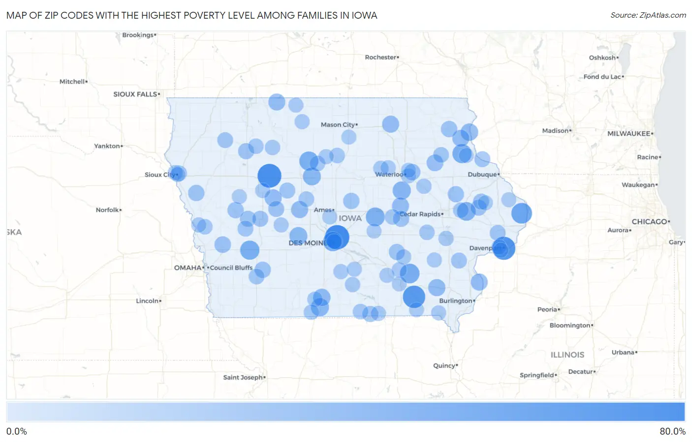 Zip Codes with the Highest Poverty Level Among Families in Iowa Map