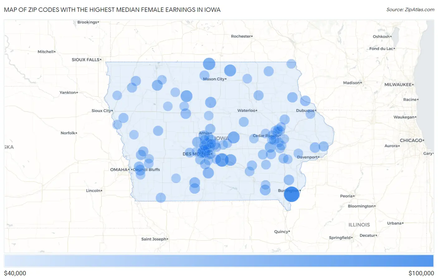 Zip Codes with the Highest Median Female Earnings in Iowa Map