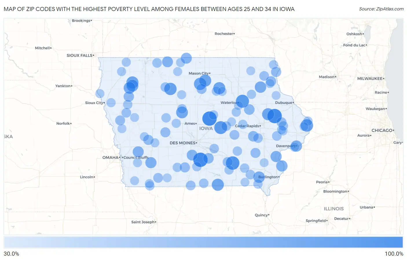 Zip Codes with the Highest Poverty Level Among Females Between Ages 25 and 34 in Iowa Map