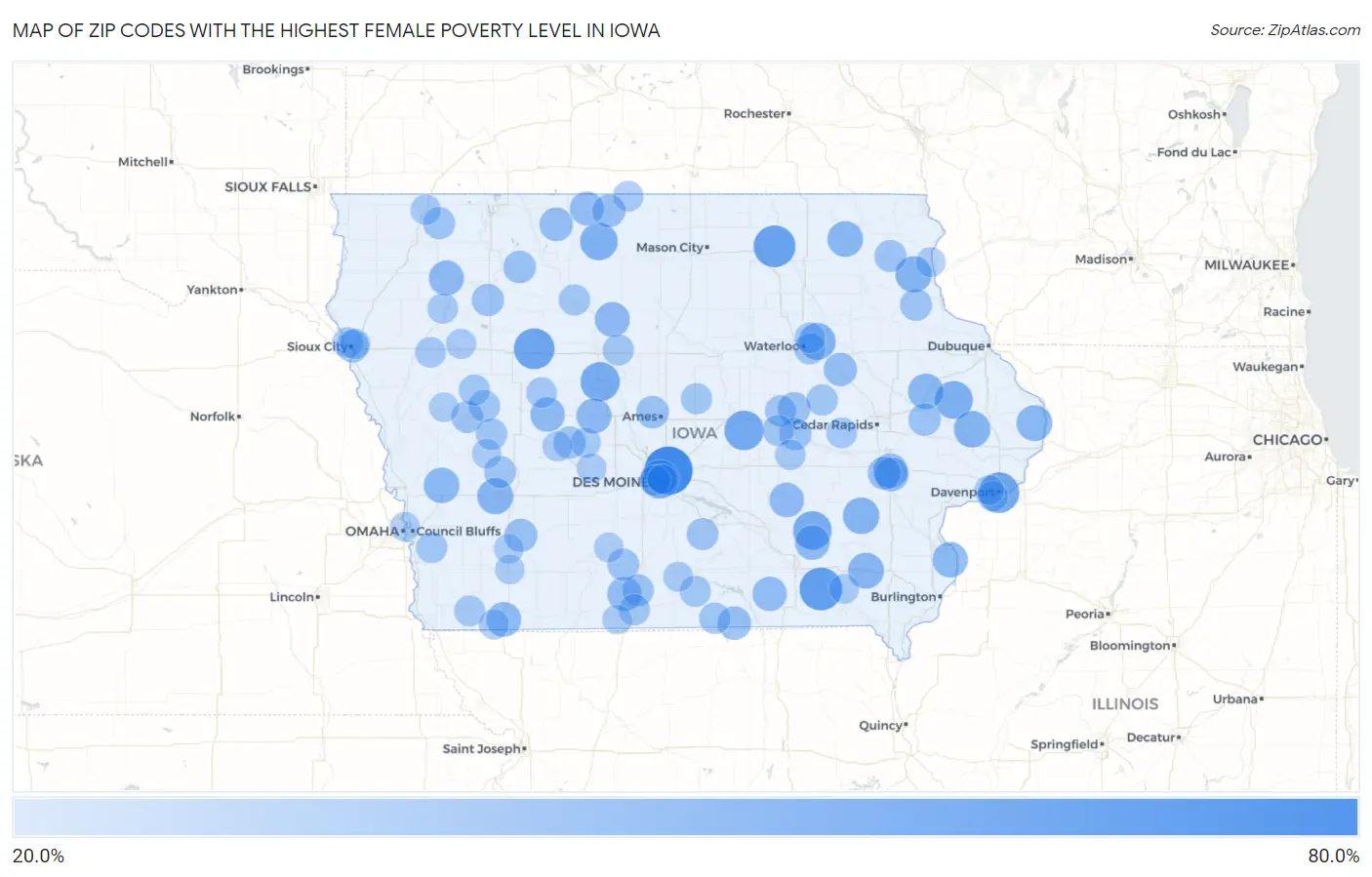 Zip Codes with the Highest Female Poverty Level in Iowa Map