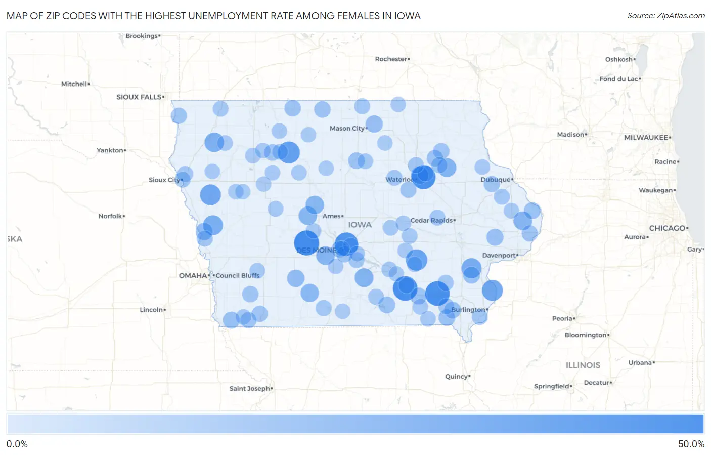 Zip Codes with the Highest Unemployment Rate Among Females in Iowa Map