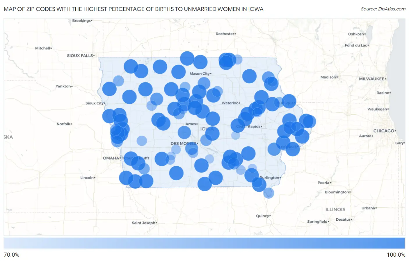 Zip Codes with the Highest Percentage of Births to Unmarried Women in Iowa Map