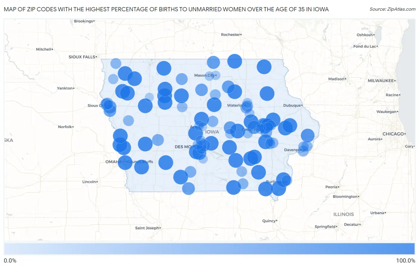 Zip Codes with the Highest Percentage of Births to Unmarried Women over the Age of 35 in Iowa Map