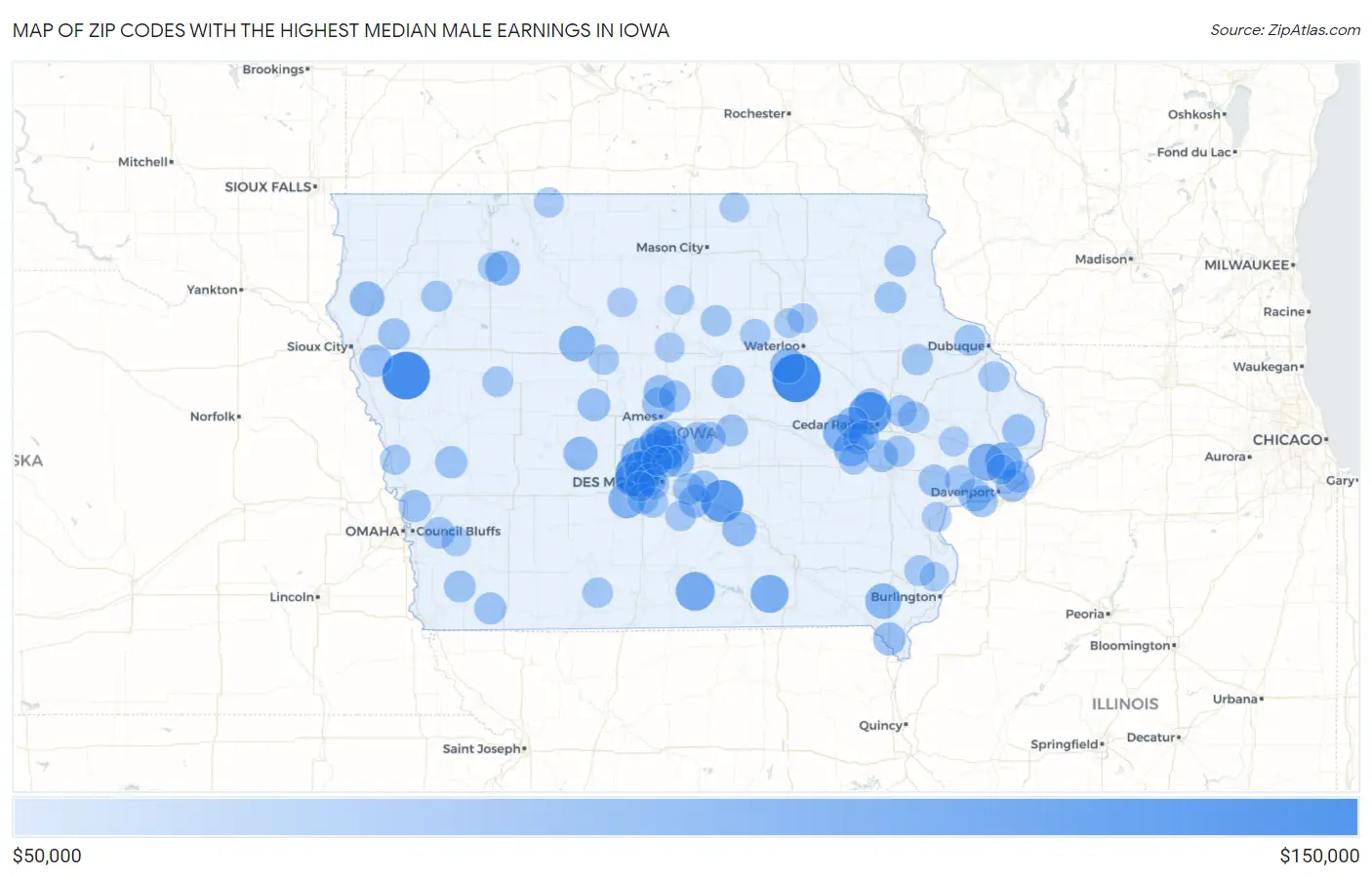 Zip Codes with the Highest Median Male Earnings in Iowa Map