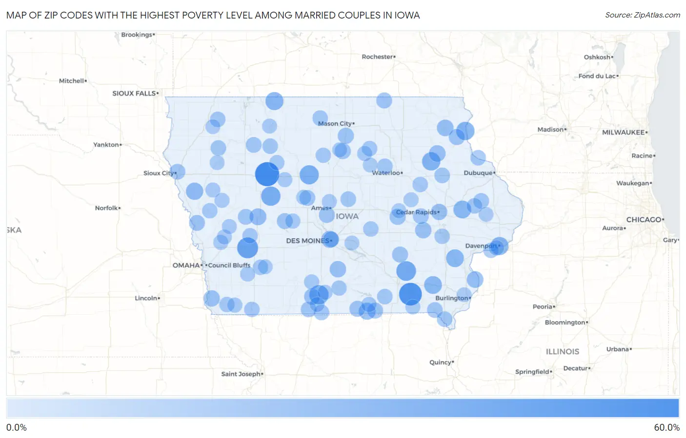 Zip Codes with the Highest Poverty Level Among Married Couples in Iowa Map