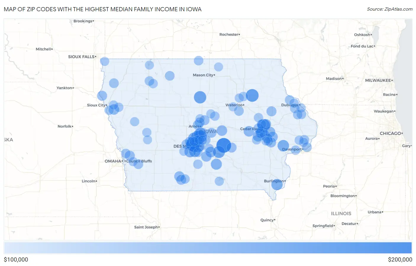 Zip Codes with the Highest Median Family Income in Iowa Map