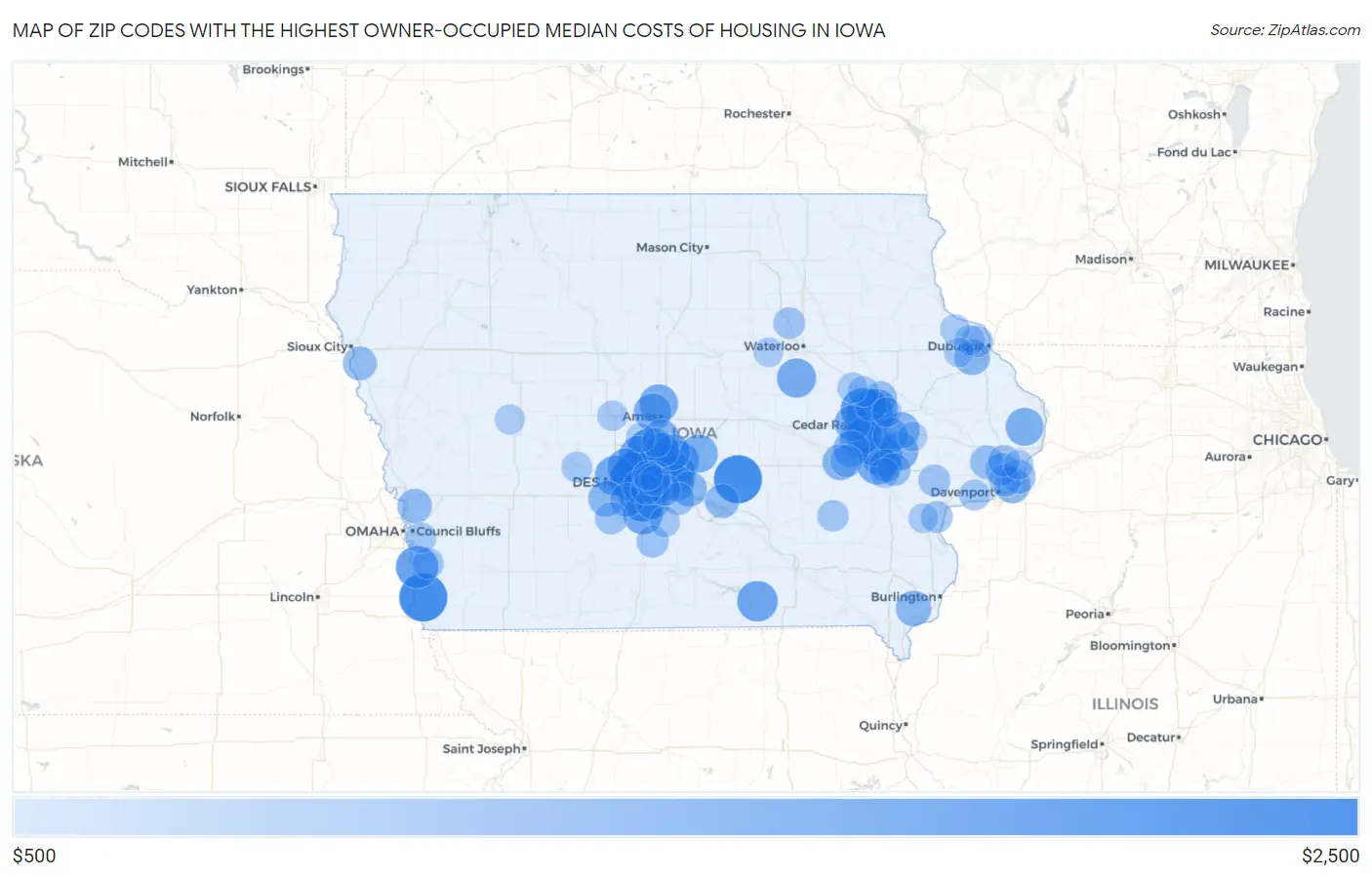 Zip Codes with the Highest Owner-Occupied Median Costs of Housing in Iowa Map