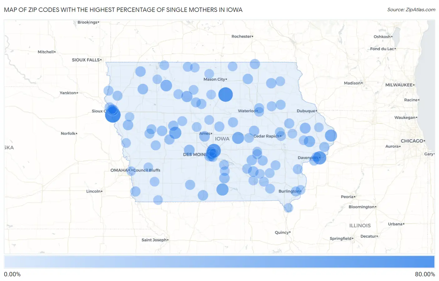 Zip Codes with the Highest Percentage of Single Mothers in Iowa Map
