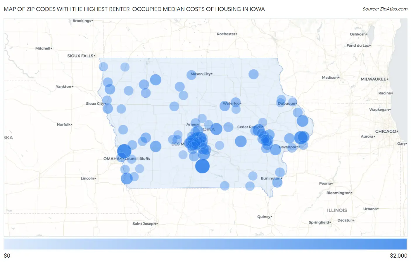 Zip Codes with the Highest Renter-Occupied Median Costs of Housing in Iowa Map