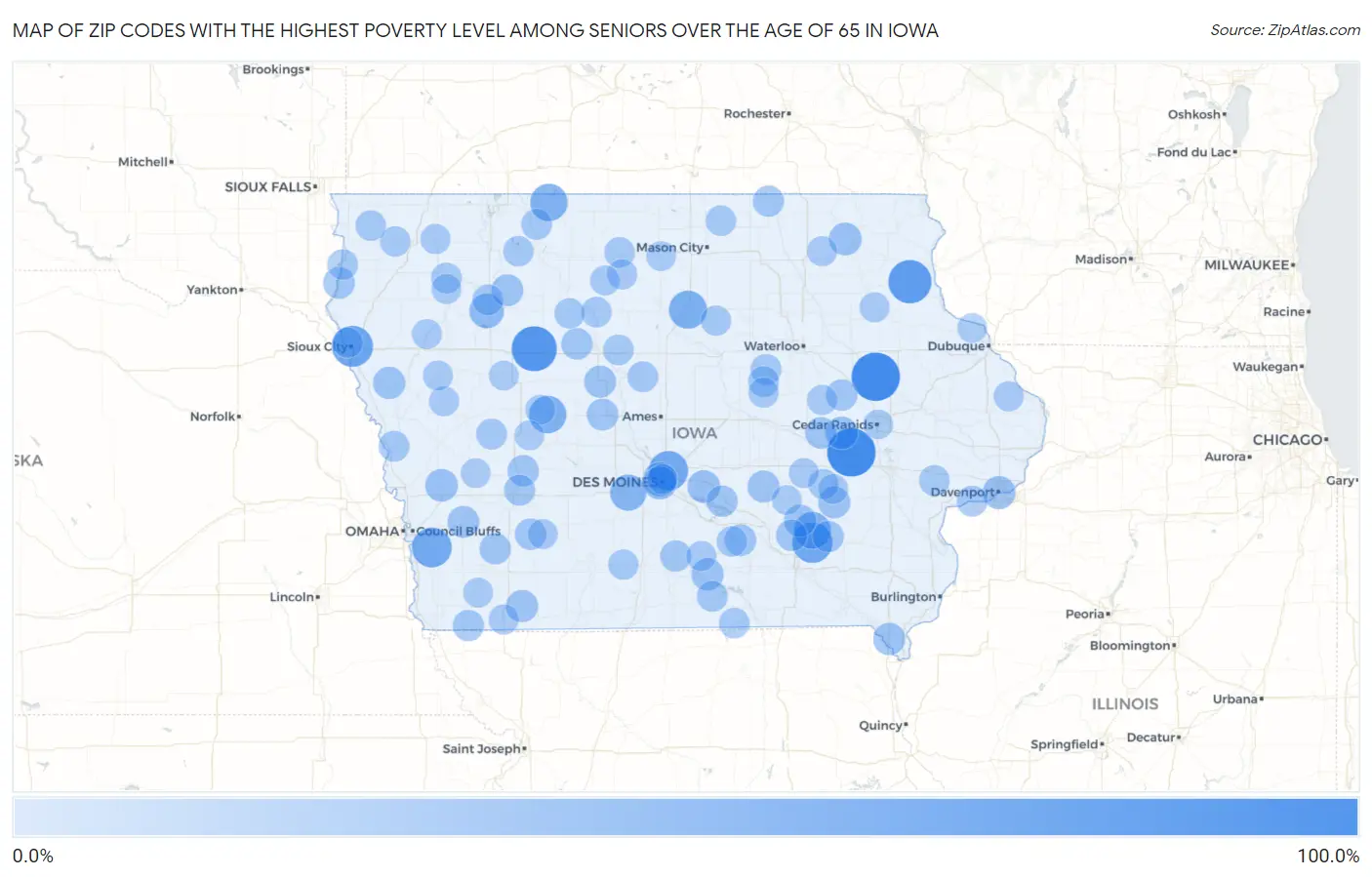 Zip Codes with the Highest Poverty Level Among Seniors Over the Age of 65 in Iowa Map