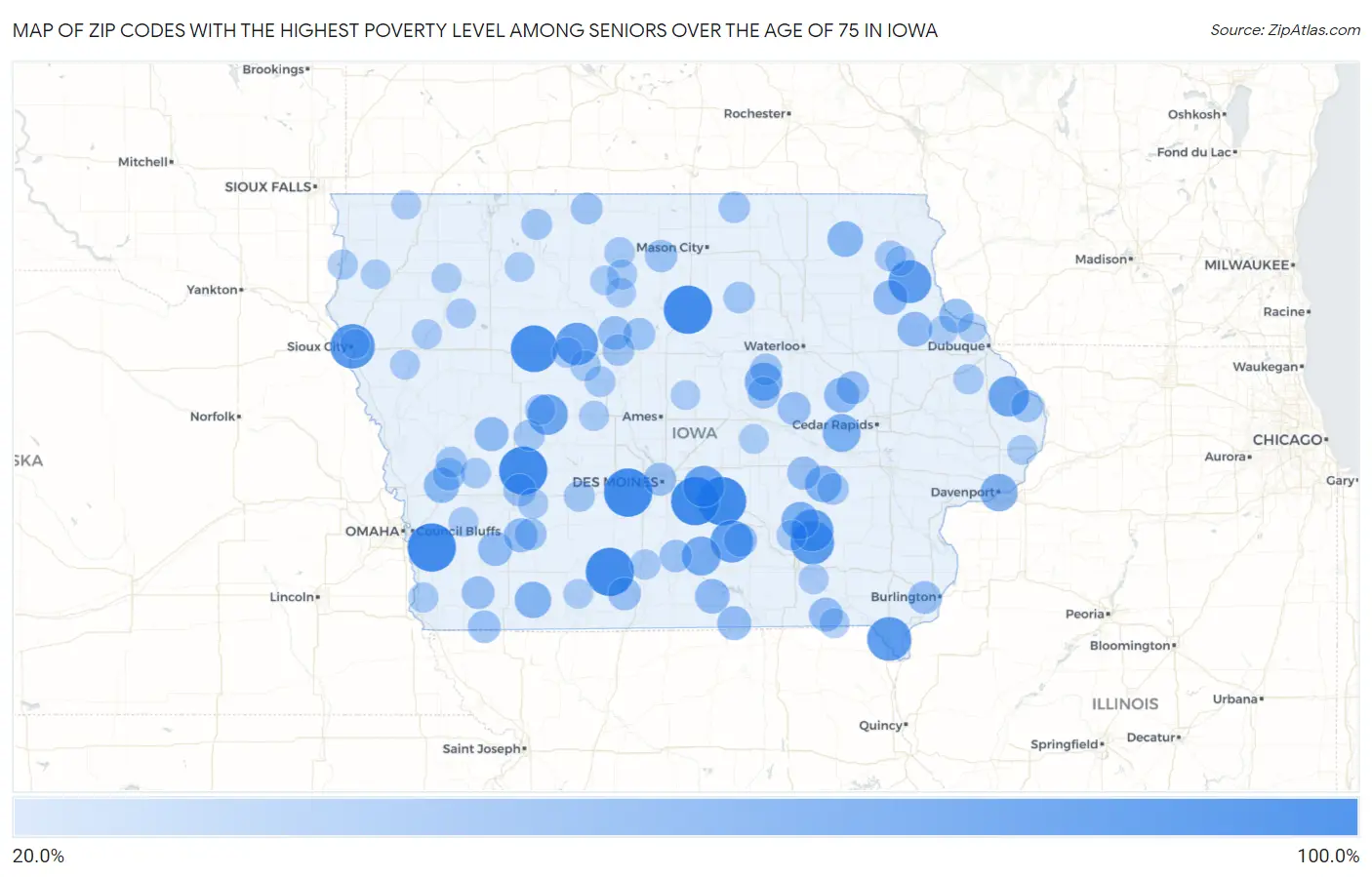 Zip Codes with the Highest Poverty Level Among Seniors Over the Age of 75 in Iowa Map