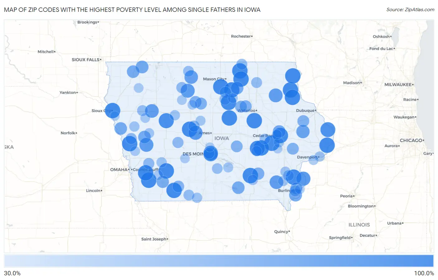 Zip Codes with the Highest Poverty Level Among Single Fathers in Iowa Map