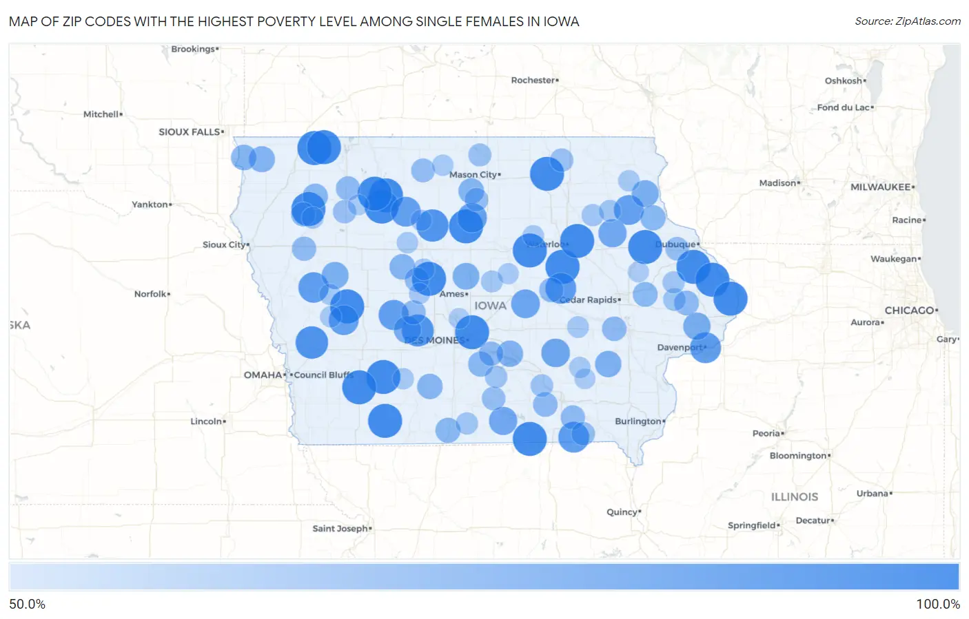 Zip Codes with the Highest Poverty Level Among Single Females in Iowa Map
