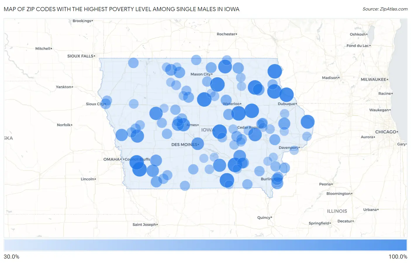 Zip Codes with the Highest Poverty Level Among Single Males in Iowa Map