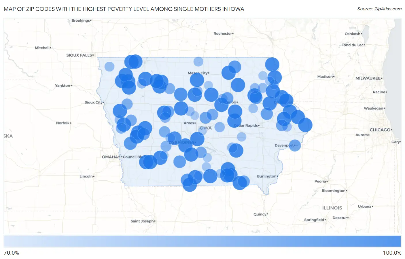 Zip Codes with the Highest Poverty Level Among Single Mothers in Iowa Map