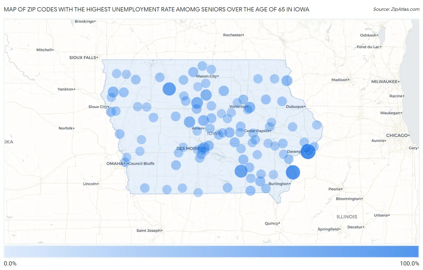 Zip Codes with the Highest Unemployment Rate Amomg Seniors Over the Age of 65 in Iowa Map
