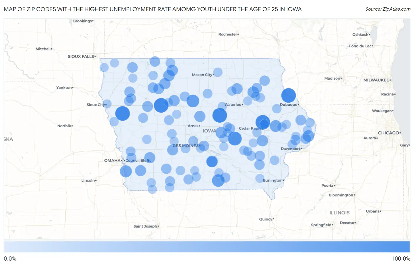Zip Codes with the Highest Unemployment Rate Amomg Youth Under the Age of 25 in Iowa Map