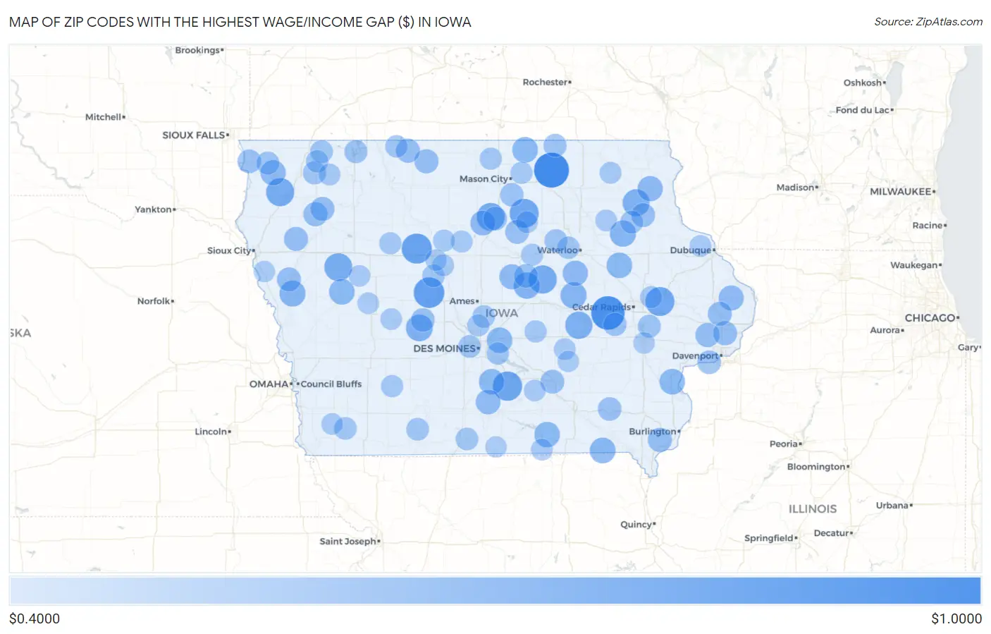 Zip Codes with the Highest Wage/Income Gap ($) in Iowa Map