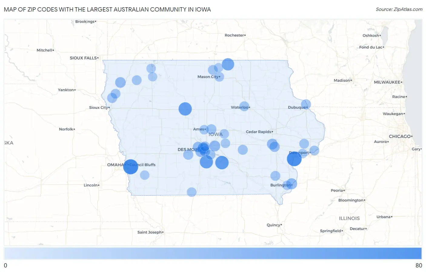 Zip Codes with the Largest Australian Community in Iowa Map