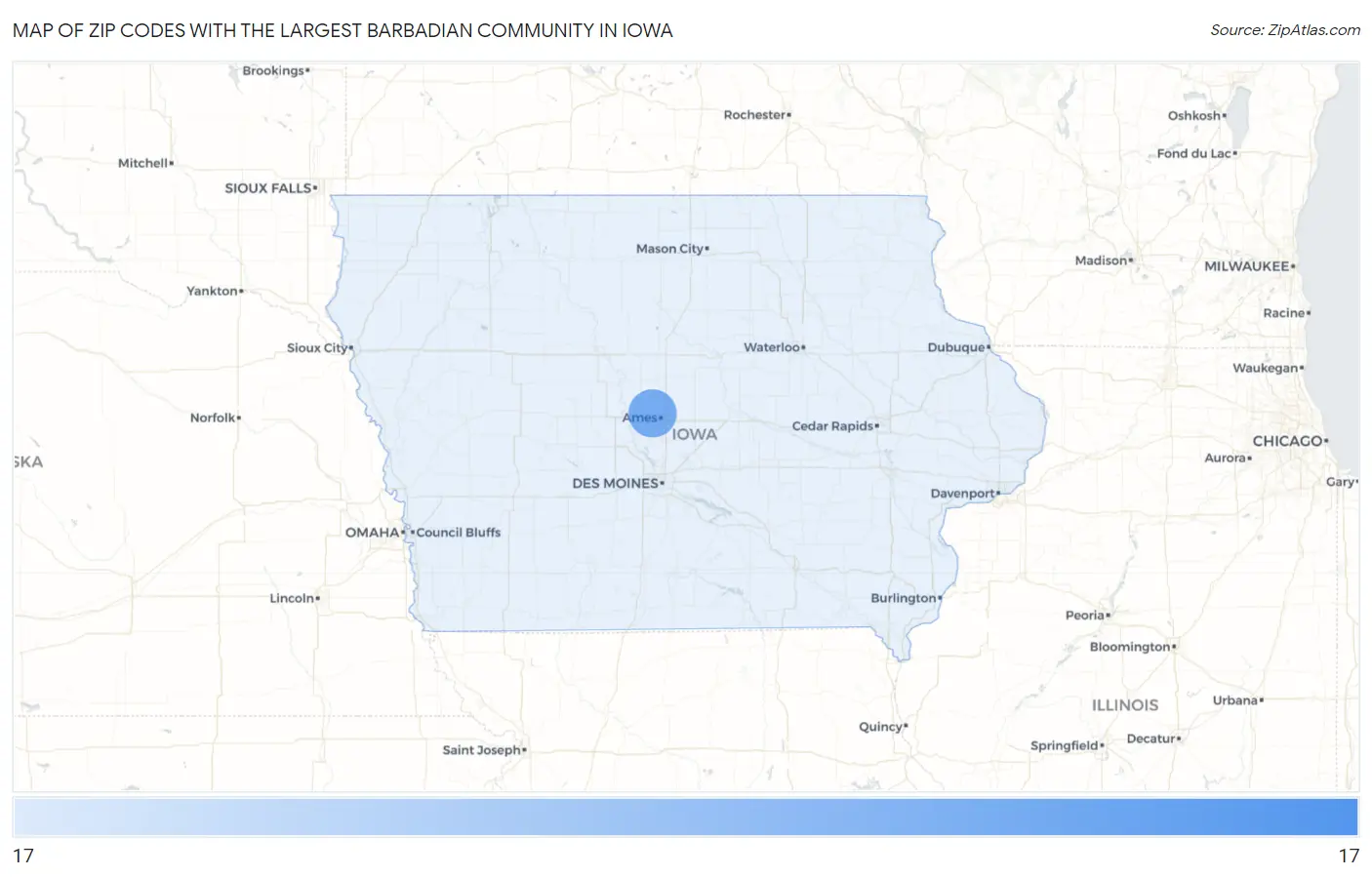 Zip Codes with the Largest Barbadian Community in Iowa Map