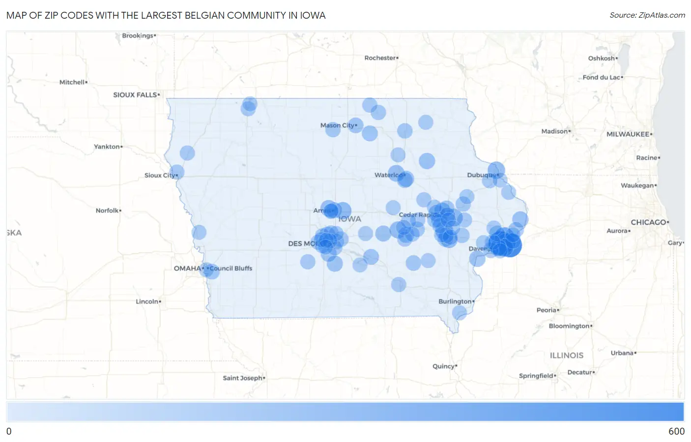 Zip Codes with the Largest Belgian Community in Iowa Map