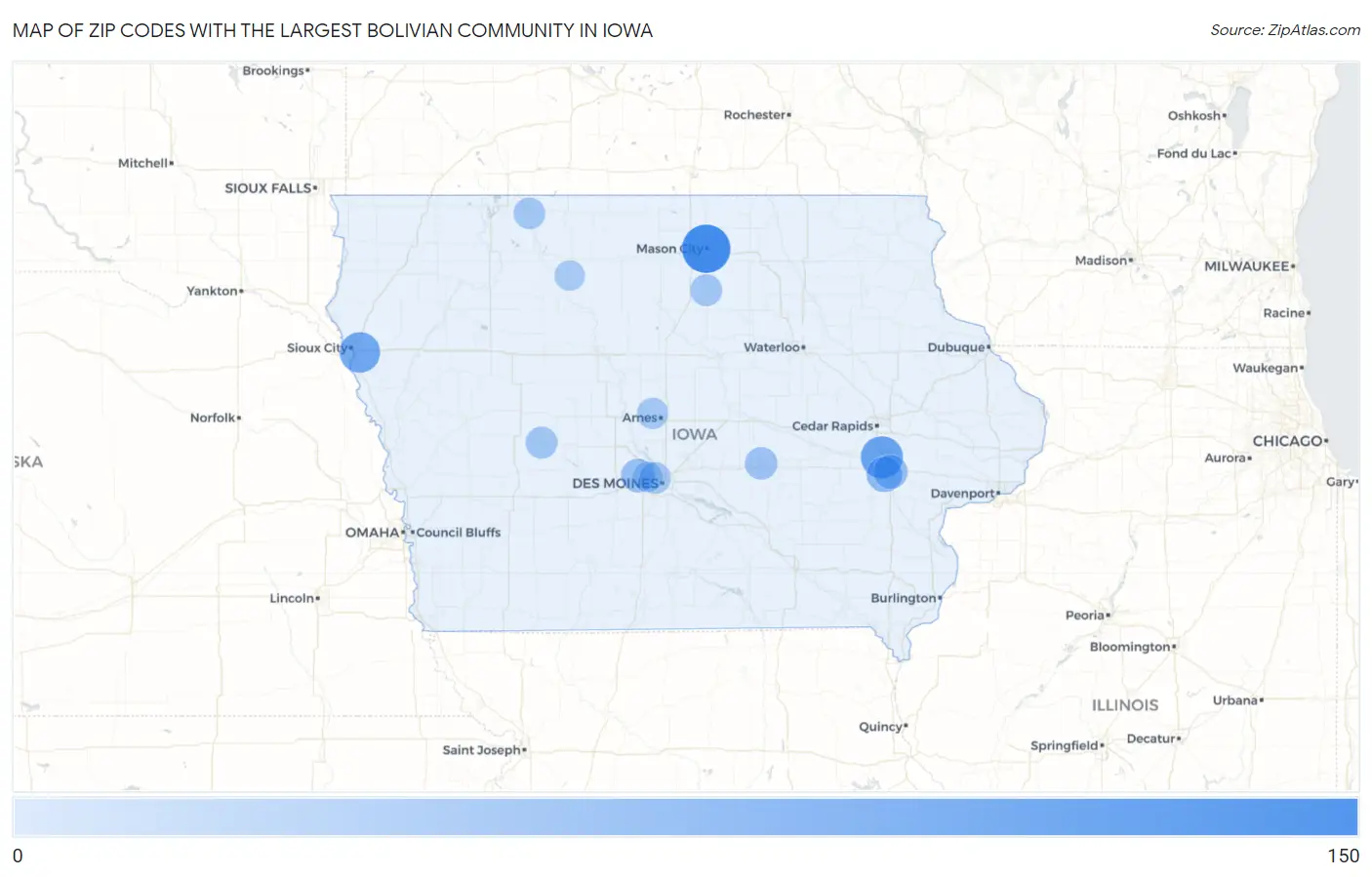 Zip Codes with the Largest Bolivian Community in Iowa Map