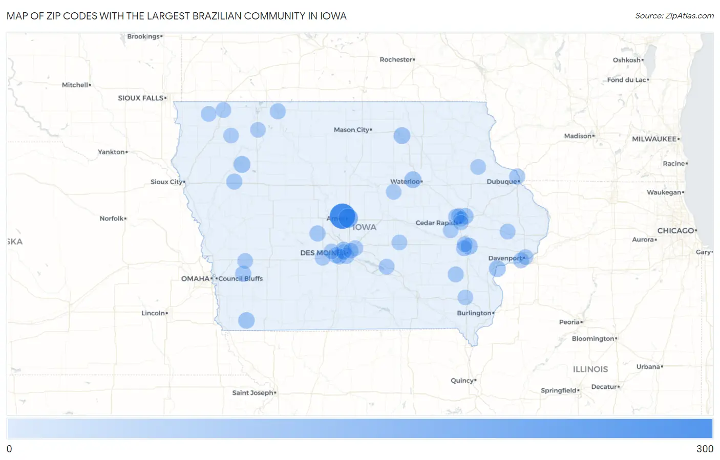 Zip Codes with the Largest Brazilian Community in Iowa Map