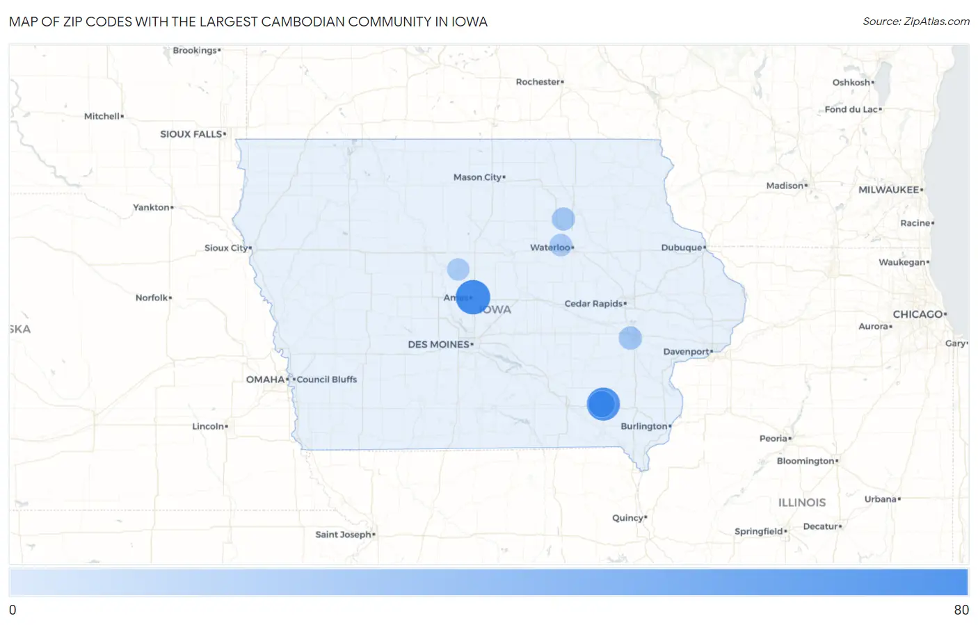 Zip Codes with the Largest Cambodian Community in Iowa Map