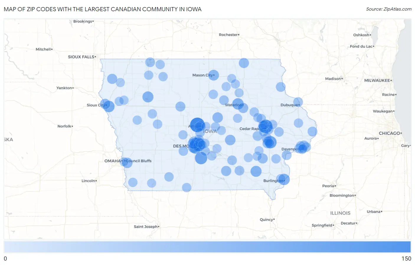 Zip Codes with the Largest Canadian Community in Iowa Map