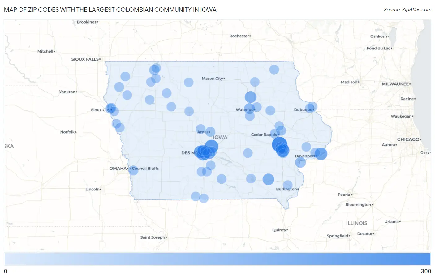 Zip Codes with the Largest Colombian Community in Iowa Map