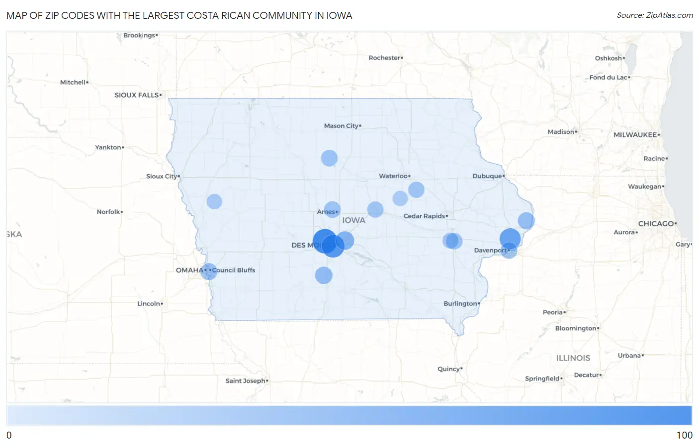Zip Codes with the Largest Costa Rican Community in Iowa Map