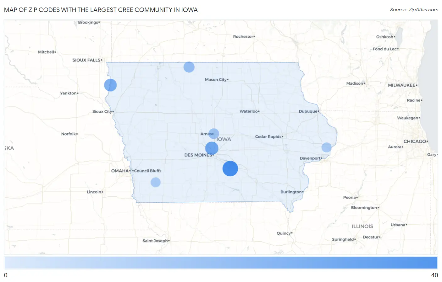 Zip Codes with the Largest Cree Community in Iowa Map