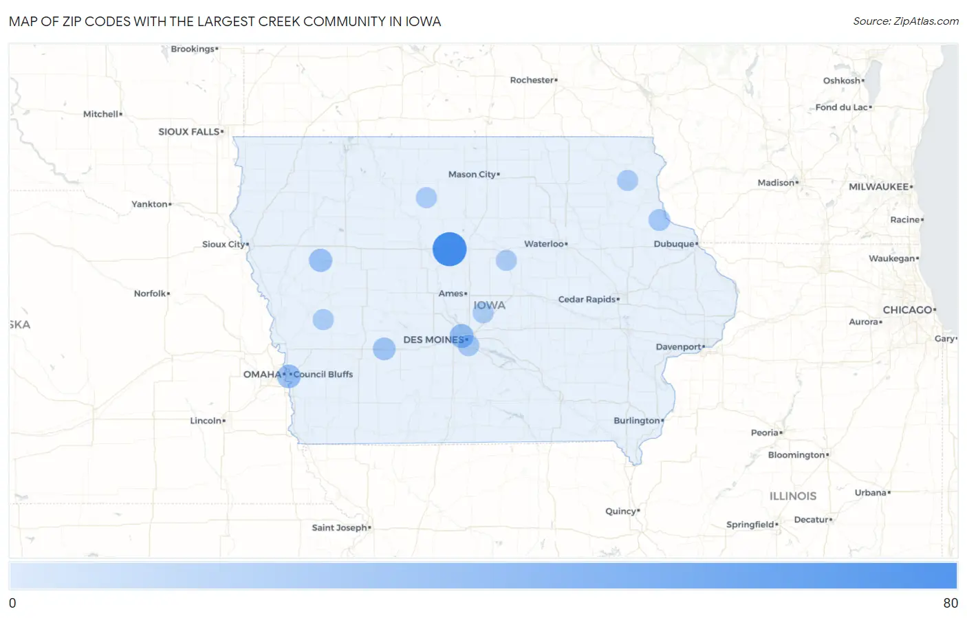 Zip Codes with the Largest Creek Community in Iowa Map