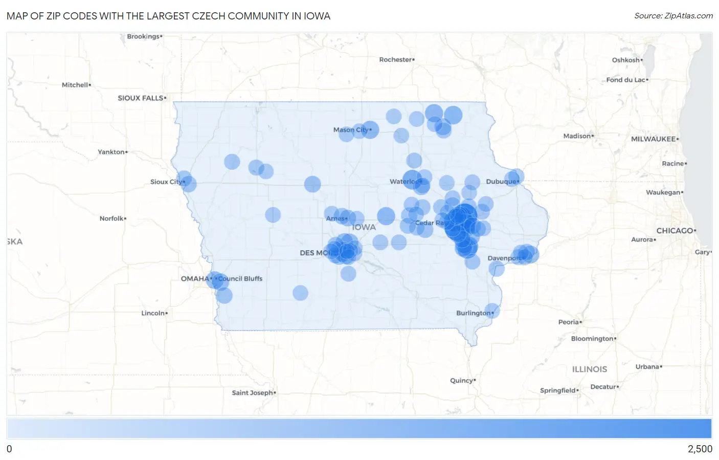 Zip Codes with the Largest Czech Community in Iowa Map