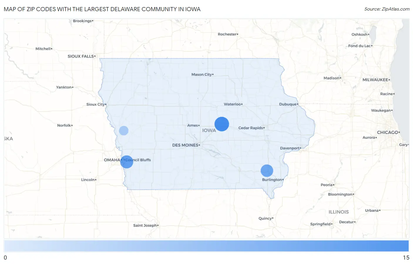 Zip Codes with the Largest Delaware Community in Iowa Map