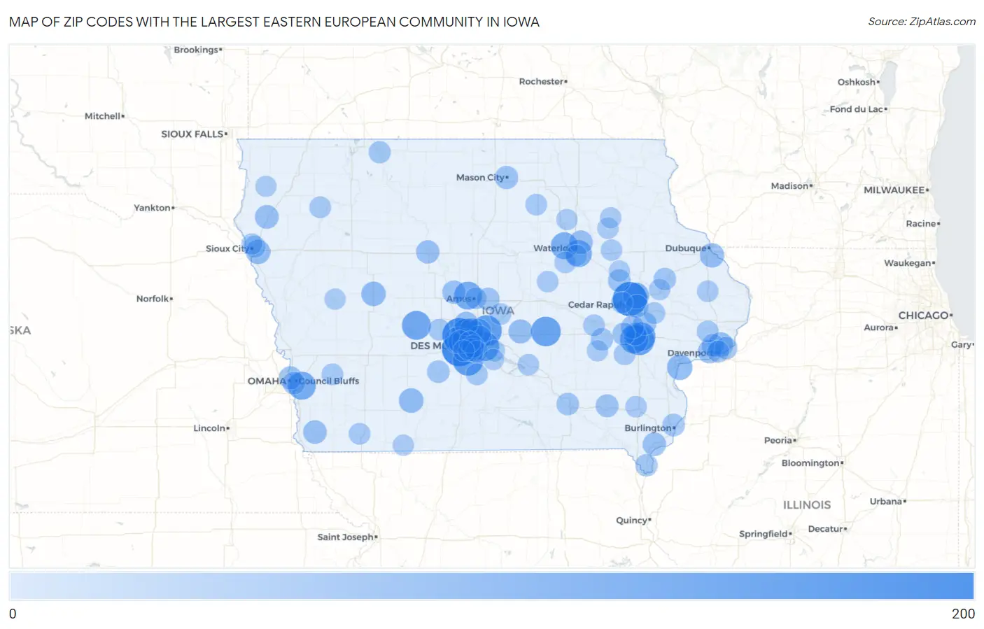 Zip Codes with the Largest Eastern European Community in Iowa Map