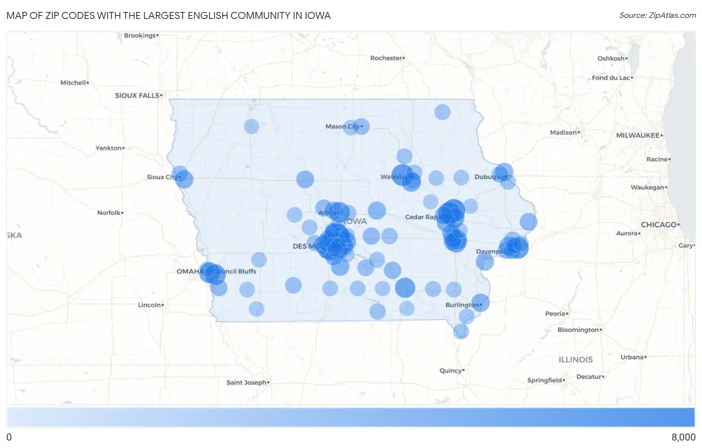 Zip Codes with the Largest English Community in Iowa Map