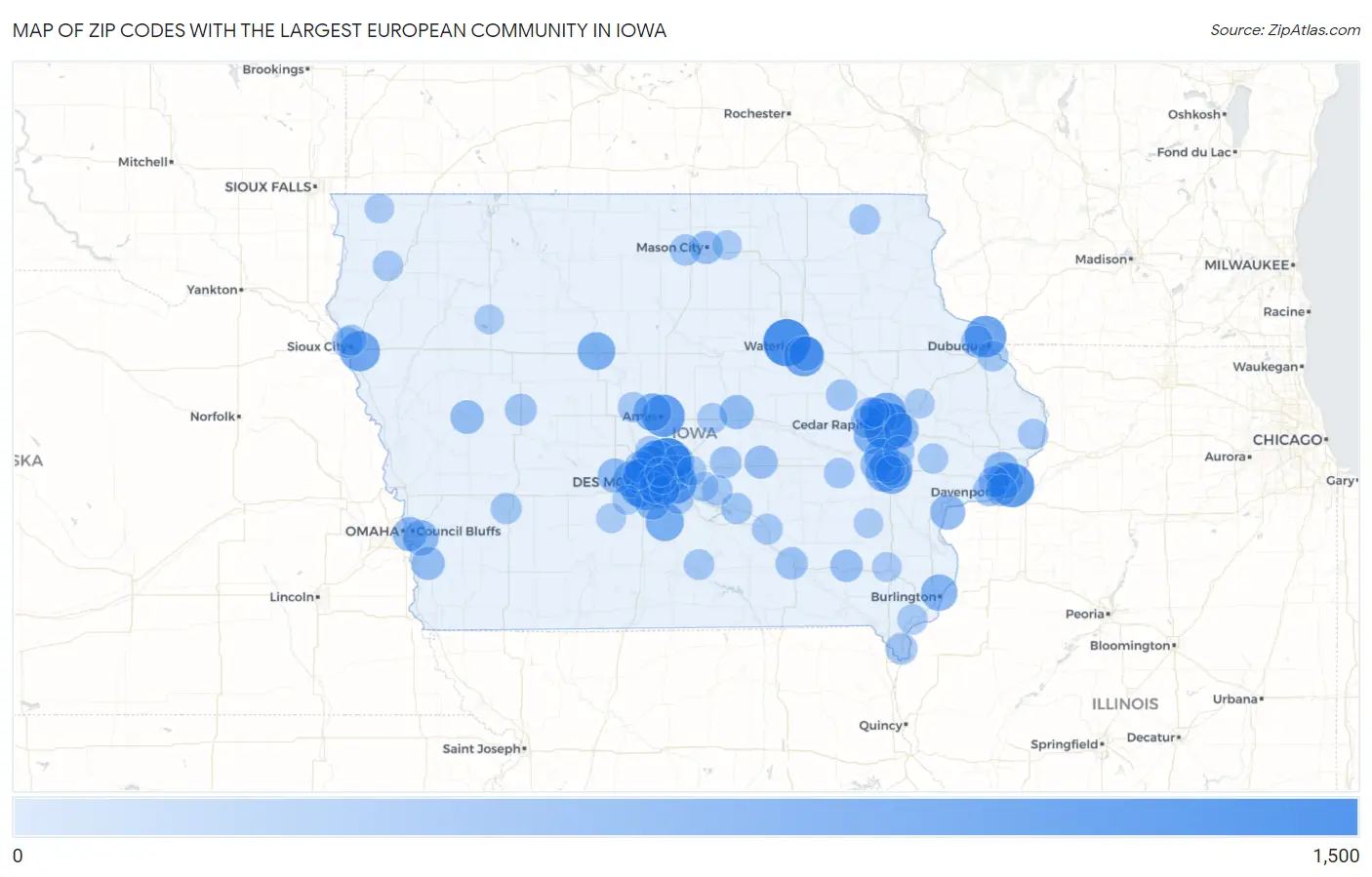 Zip Codes with the Largest European Community in Iowa Map
