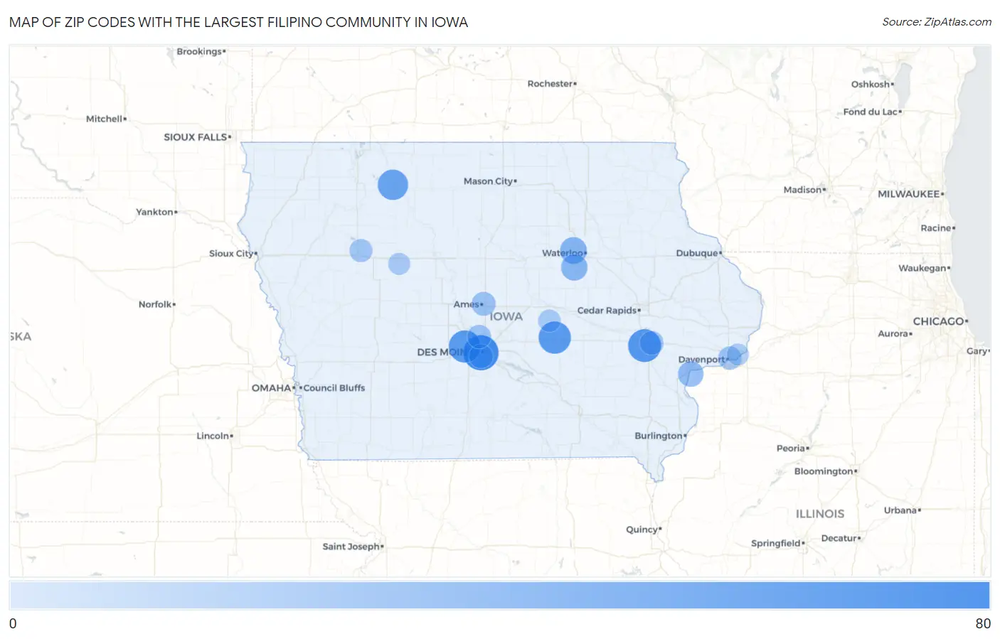 Zip Codes with the Largest Filipino Community in Iowa Map