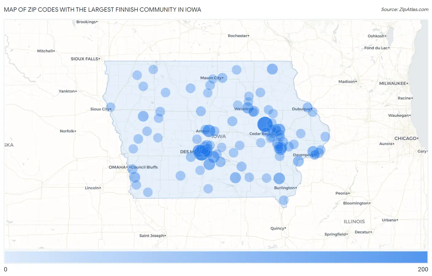 Zip Codes with the Largest Finnish Community in Iowa Map
