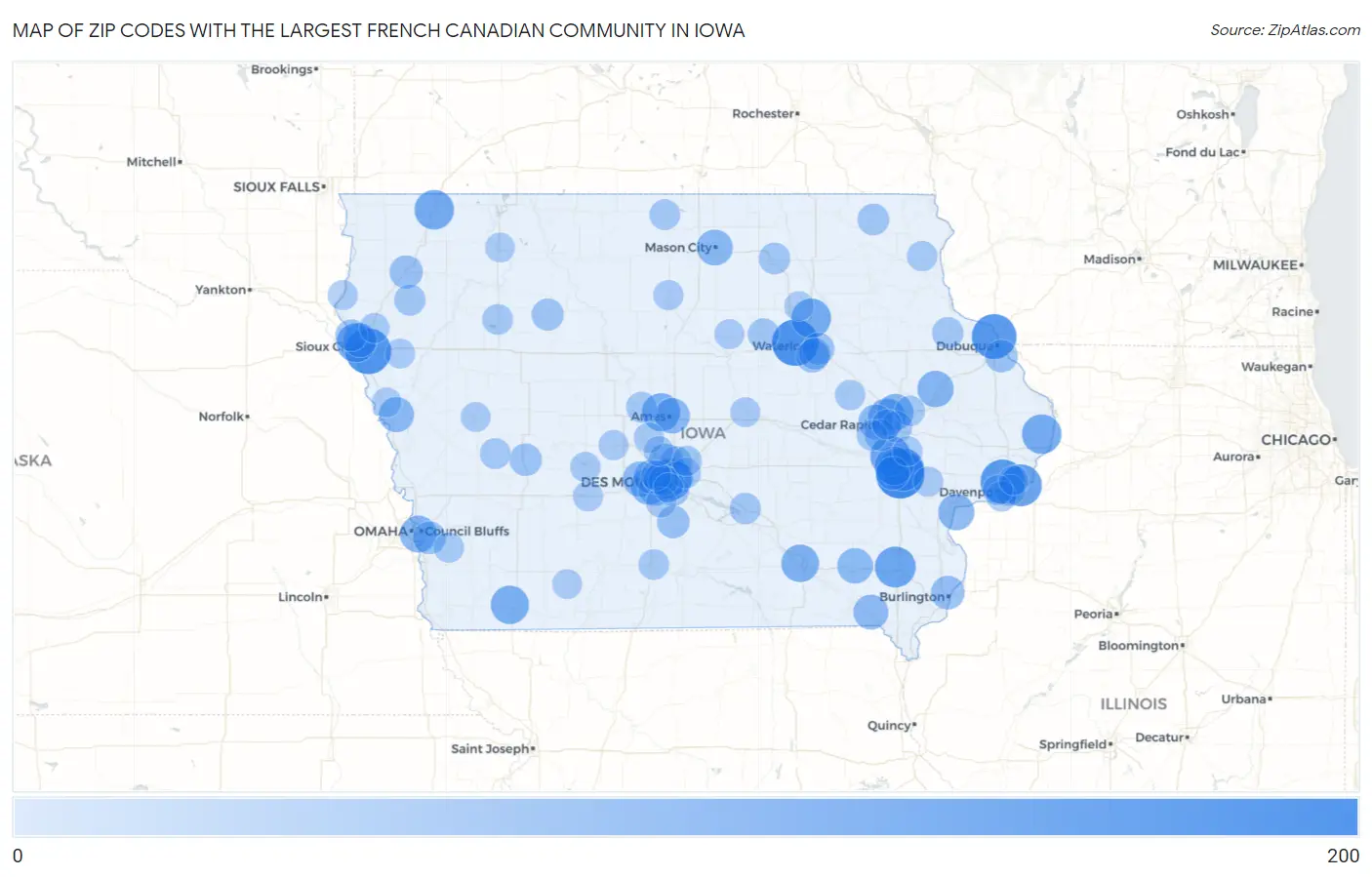 Zip Codes with the Largest French Canadian Community in Iowa Map