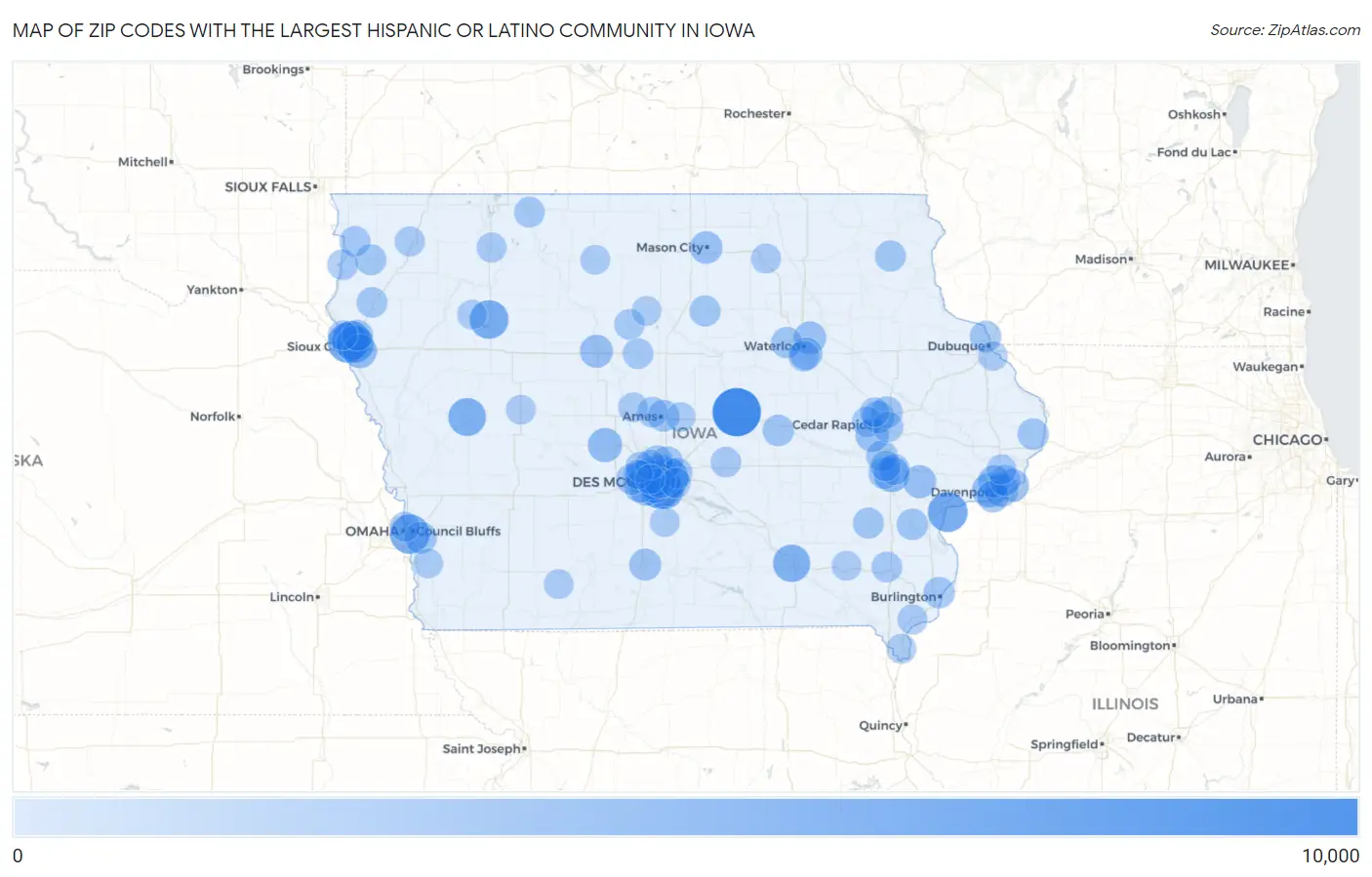 Zip Codes with the Largest Hispanic or Latino Community in Iowa Map