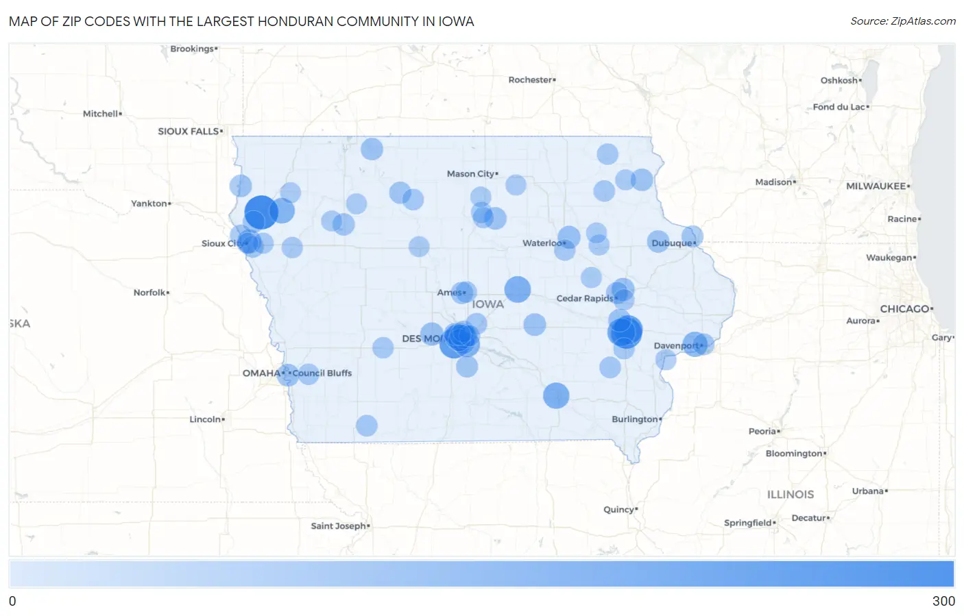 Zip Codes with the Largest Honduran Community in Iowa Map