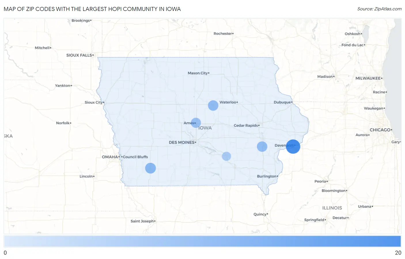 Zip Codes with the Largest Hopi Community in Iowa Map