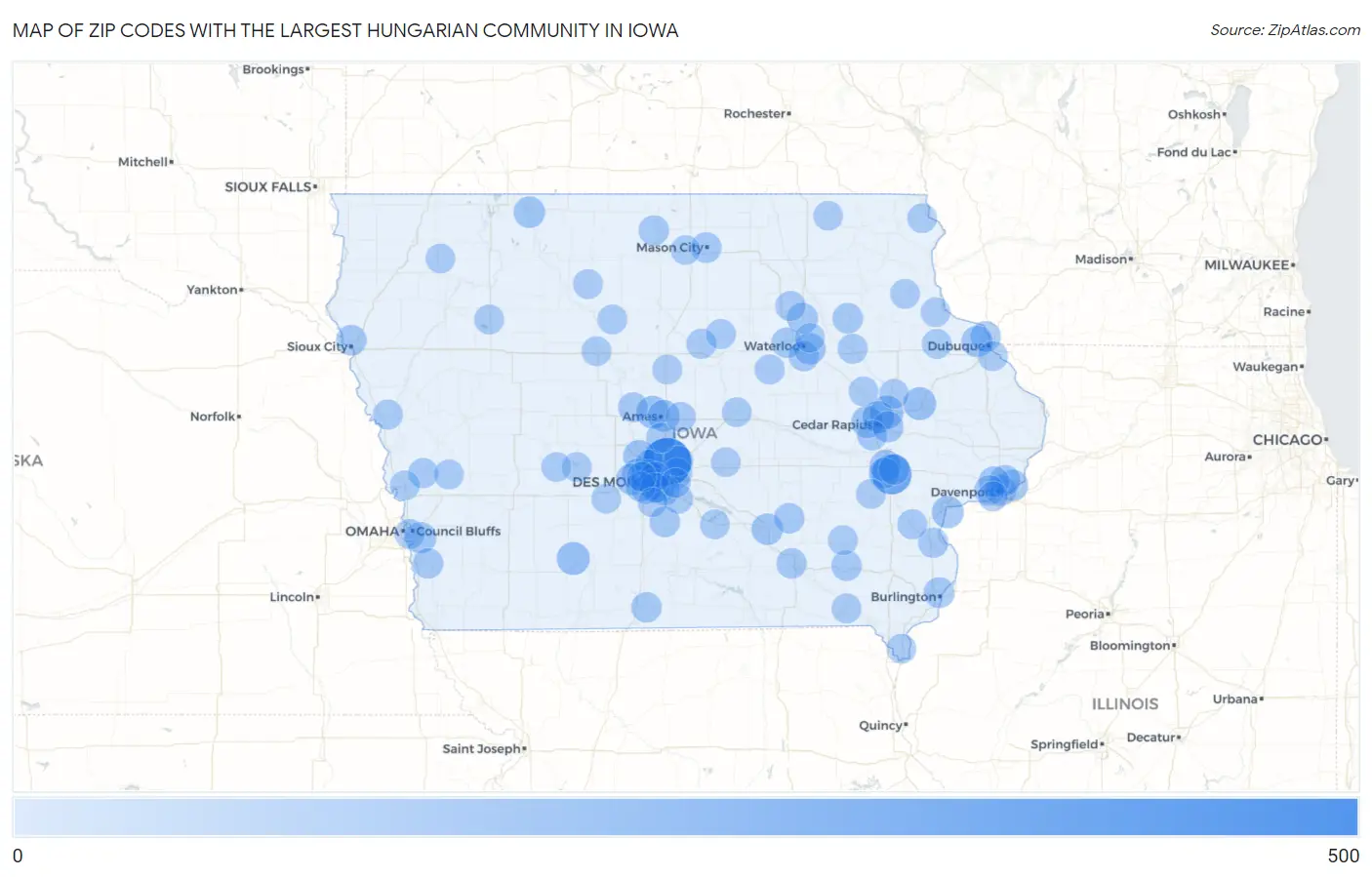 Zip Codes with the Largest Hungarian Community in Iowa Map