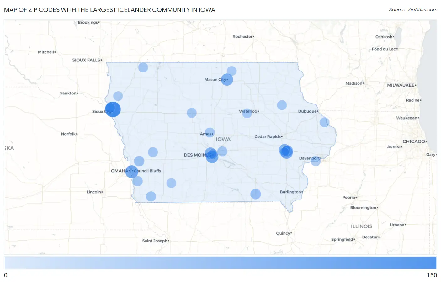 Zip Codes with the Largest Icelander Community in Iowa Map