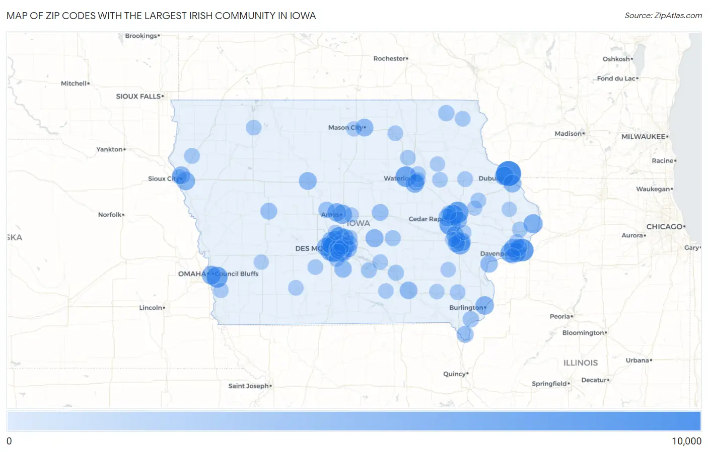 Zip Codes with the Largest Irish Community in Iowa Map