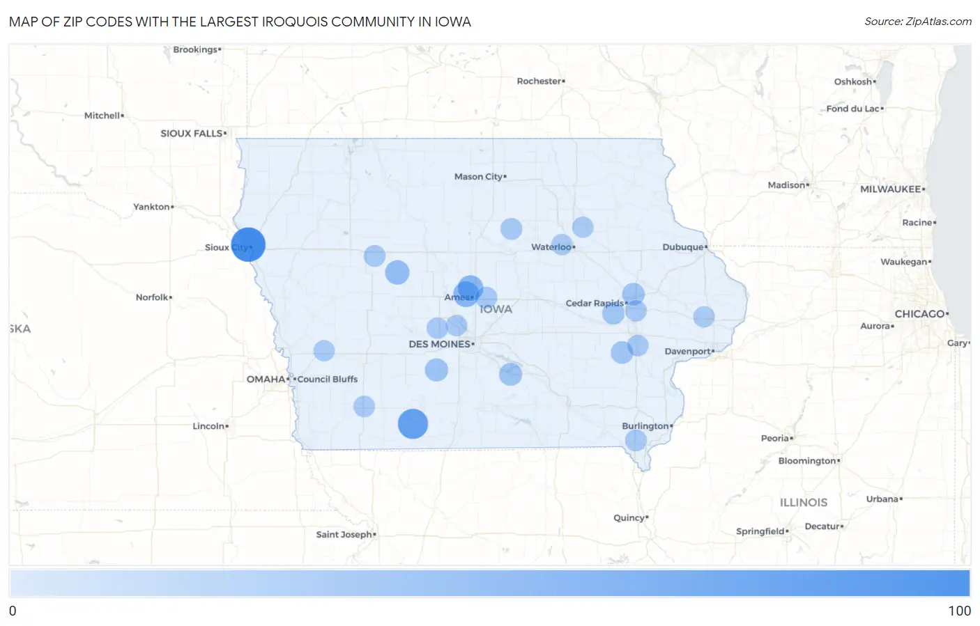 Zip Codes with the Largest Iroquois Community in Iowa Map